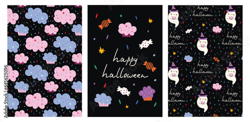 Cute hand drawn Halloween vector card and seamless pattern. Little white ghost, sweets, cupcakes, candy, cotton candy and bright confetti on a black background. Lovely prints for Halloween.