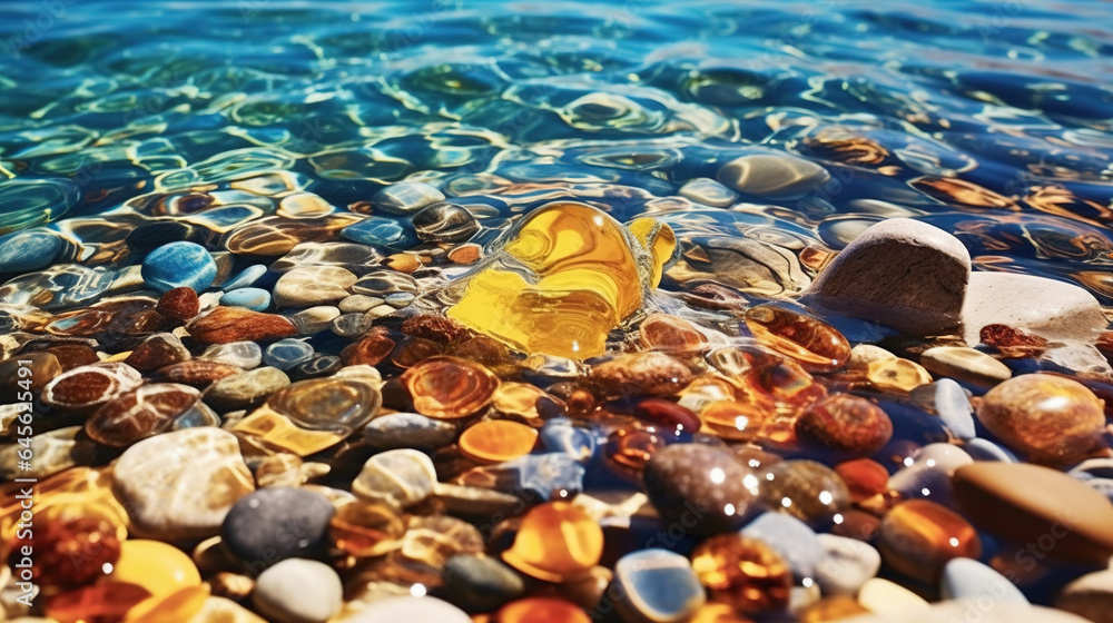 Seaside Colorful Transparent Stones-Pebbles Blue Sea Water at Golden Beach