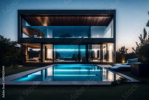 In this fleeting moment between day and night, the exterior of the modern minimalist cubic villa with its captivating swimming pool