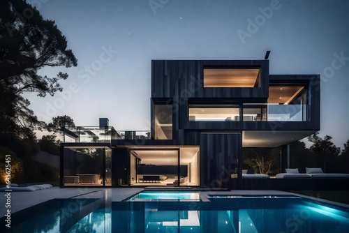 In this fleeting moment between day and night, the exterior of the modern minimalist cubic villa with its captivating swimming pool © Asif