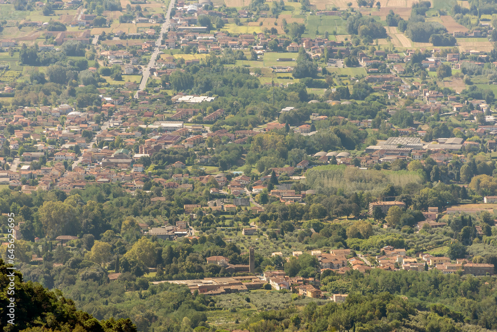 View from above of Capannori, Lucca, Italy and in particular of the hamlet of Segromigno in Monte