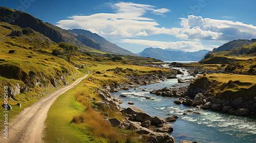 Beautiful River Flowing Between Green Mountains Under Blue Sky