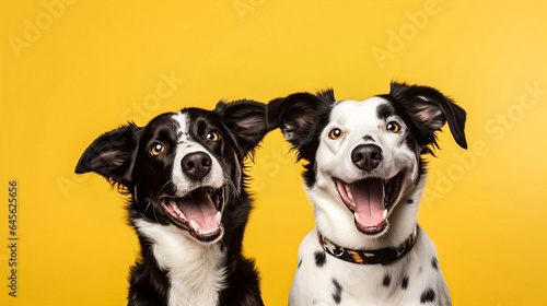 Two happy smiling dogs isolated on yellow background. Horizontal panoramic banner template with copy space. Adorable pet portraits