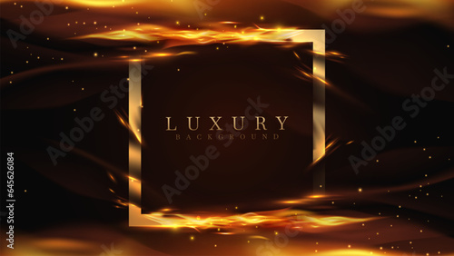 Golden square frame decorated with impassioned fire effects and flame element on dark scene. Luxury black background. Vector illustration.