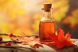 bottle of maple syrup on blurred background (Generative AI)