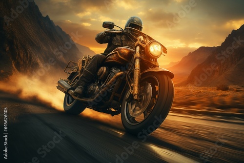 Mountain Road Thrill: Motorcyclists Racing at Sunset