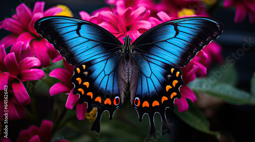 Close-up of a jewel-toned butterfly on a vibrant flower. AI generative 