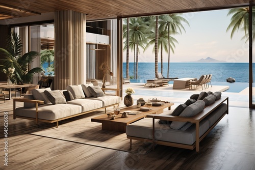 modern and luxurious open plan living room interior with sea views  beach vibes  tropical paradise  AI rendered