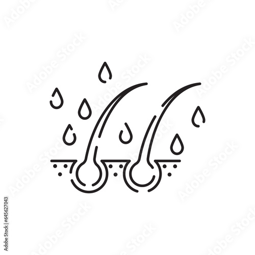Hair loss treatment flat line icon. Shampoo ph, dandruff, hair growth, keratin, conditioner bottle vector illustration. Outline signs for beauty stores