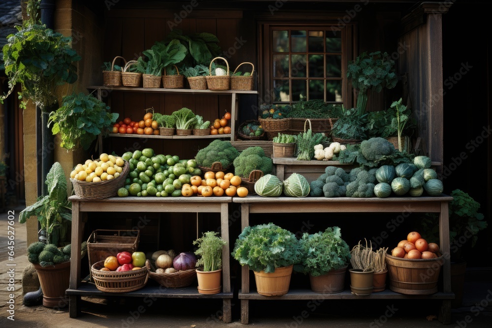 A large display of fresh fruits and vegetables. Imaginary grocery store.