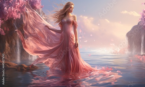 Photo of a woman standing in water wearing a pink dress