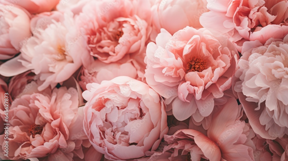 Coral peony flowers background close up.