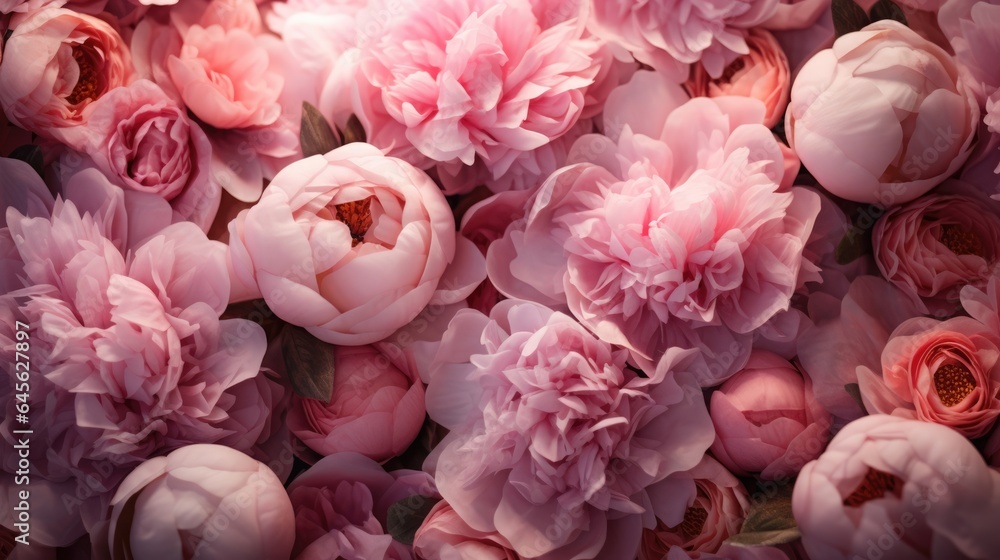Fototapeta premium Coral peony flowers background close up.