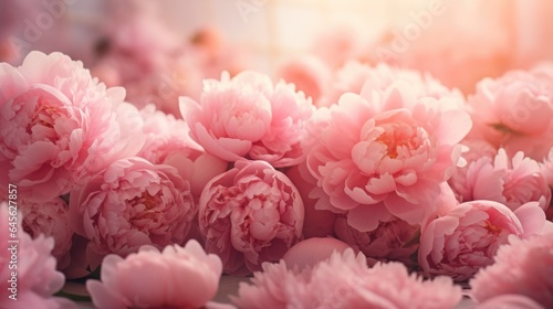 Coral peony flowers background close up.