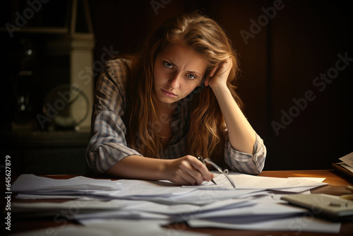 Stressed young woman reviewing her bills, reflecting financial strain during a recession. A poignant representation of personal debt and economic downturn