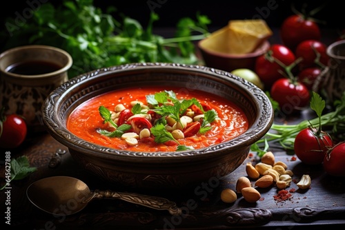 A bowl of soup sitting on top of a wooden table. Fictional image. Spanish salmorejo soup.