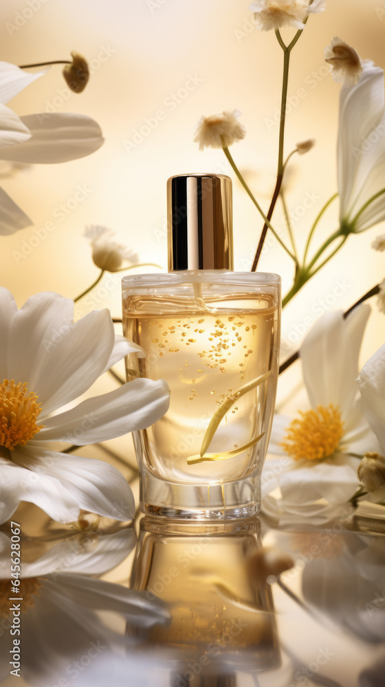 Beauty koncept with cosmetic products, leaves and fresh spring flowers on pastel beige and golden background. Modern spring skin care composition. Beauty koncept with cosmetic products, leaves and fresh spring flowers on pastel beige and golden background. Modern spring skin care composition.