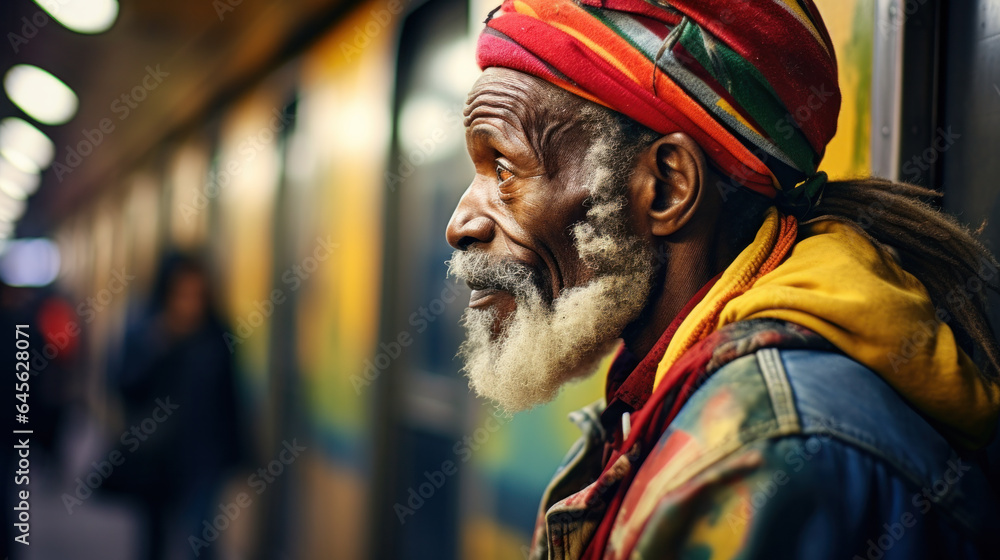 Closeup of old homeless African American Man in subway