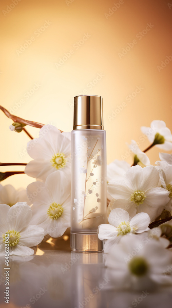 Beauty koncept with cosmetic products, leaves and fresh spring flowers on pastel beige and golden background. Modern spring skin care composition. Beauty koncept with cosmetic products, leaves and fresh spring flowers on pastel beige and golden background. Modern spring skin care composition.