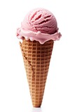 An ice cream cone with pink icing on a white background. Fictional image.