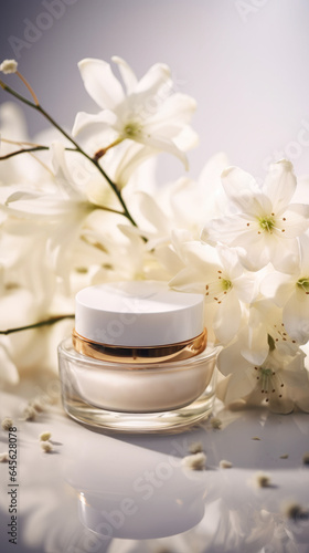 Beauty koncept with cosmetic products, leaves and fresh spring flowers on pastel beige and golden background. Modern spring skin care composition.