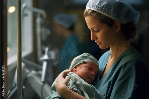 newborn baby, displaying genuine emotions of nurture and care. Tender healthcare moment captured in a modern hospital setting