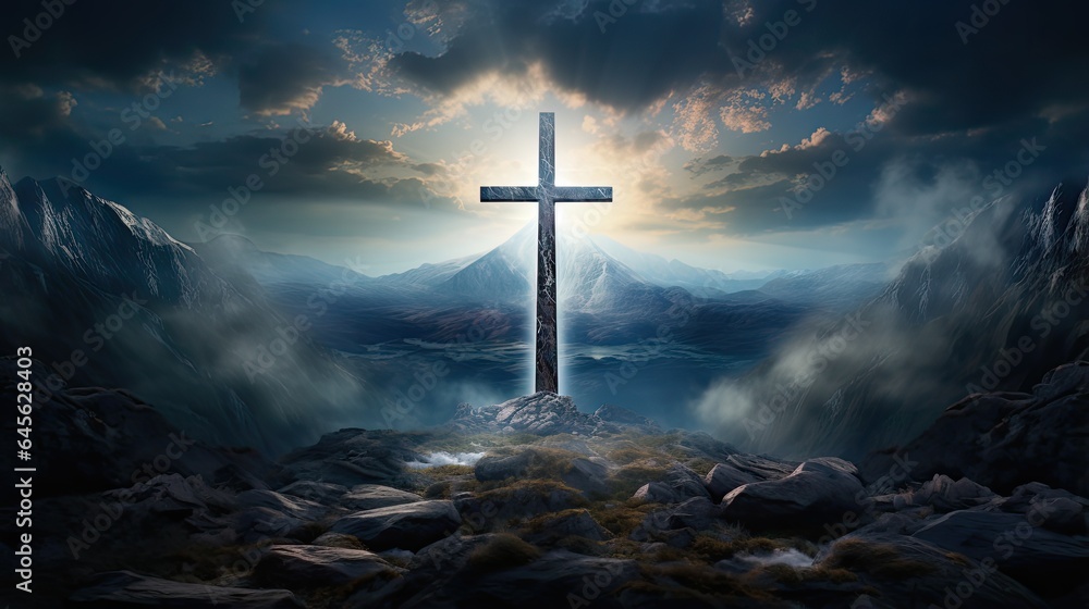 Naklejka premium Krzyż Chrystusa na szczycie góry. Promienie słońca padają z nieba na krzyż Jezusa. 
