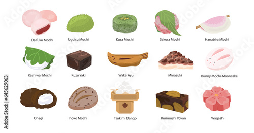 Set of japanese pasrty mochi, wagashi and traditional sweets. Vector illustration of rice asian pastry. Korean, japanese food photo
