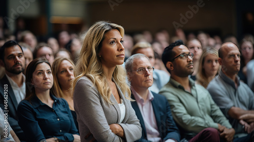 Engaged conference attendees attentively listening to captivating speaker,