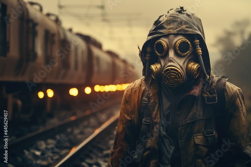 Człowiek w masce gazowej i kombinezonie na torach kolejowych na zanieczyszczonym odpadami chemicznymi terytorium. 