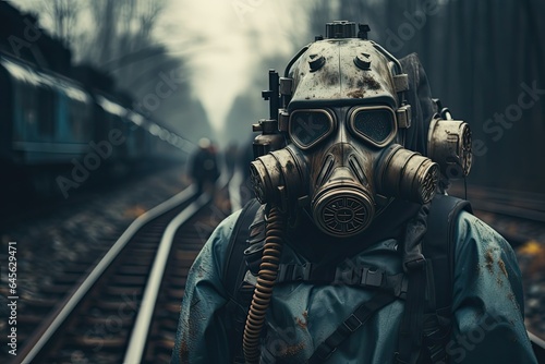 Człowiek w masce gazowej i kombinezonie na torach kolejowych na zanieczyszczonym odpadami chemicznymi terytorium. 