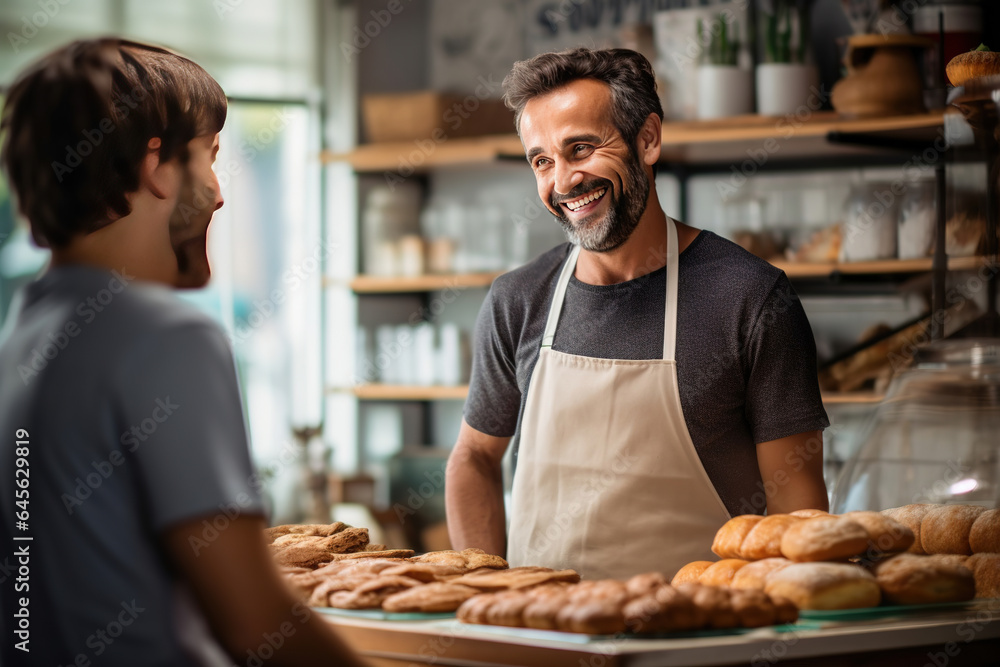 A smiling male baker, who's also the shop owner, offering exemplary customer service as his hands
