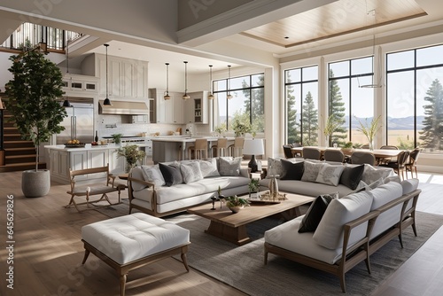 Beautiful living room and kitchen in new modern luxury home with open concept floor plan. Features waterfall island  hardwood floors  and large windows inviting natural light.