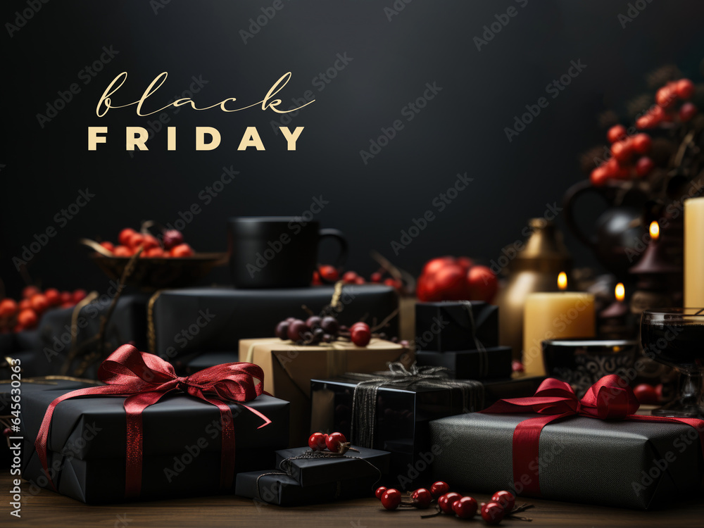 A table topped with lots of black red presents. Imaginary illustration. Black Friday sale campaign. A table topped with lots of black red presents. Imaginary illustration. Black Friday sale campaign.