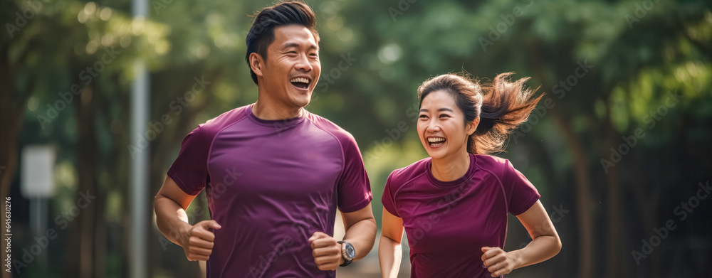 Obraz premium active, caucasian, couple, man, cheerful, jogging, male, outdoors, together, woman. cheerful couple running outdoors when sunset at park or stadium. activity outdoors for healthy and heart rate.