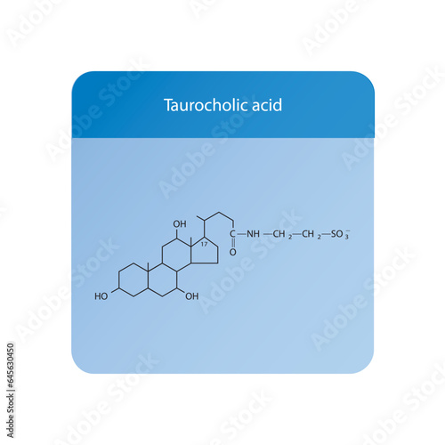 Taurocholic acid Bile Acid (involved) digestion and absorption of fats in the small intestine Molecular structure skeletal formula on blue background. photo