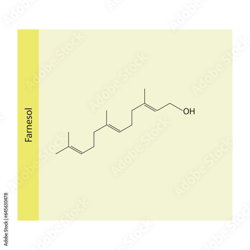 Farnesol Sesquiterpene Alcohol found in some essential oils Molecular structure skeletal formula on yellow background.