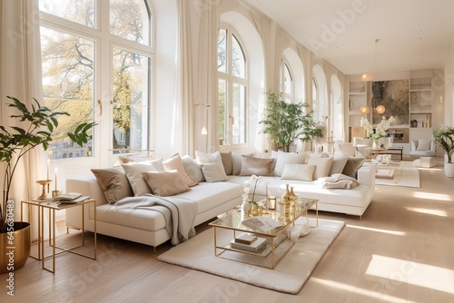Opulent living area with floor-to-ceiling windows  sophisticated beige furniture  gold highlights  and wooden parquet flooring.