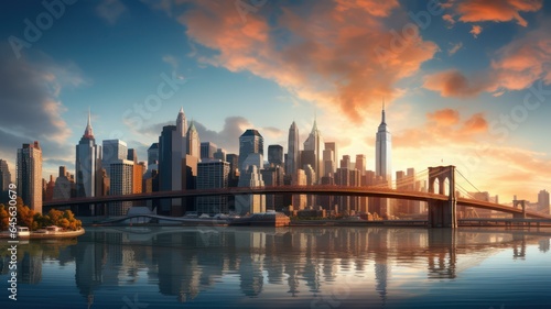 Panoramic cityscape skyline at sunset with bridge and skyscraper created with Generative AI