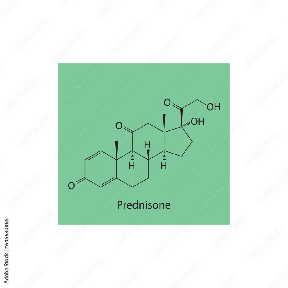 Prednisone Synthetic Corticosteroid used as an anti-inflammatory and immunosuppressive medication Molecular structure skeletal formula on green background.