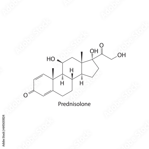 Prednisolone Synthetic Corticosteroid used to treat various inflammatory and autoimmune conditions Molecular structure skeletal formula on white background.