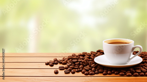 Coffee cup with coffee beans on wooden table background - ai generative