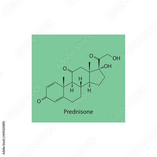 Prednisone Synthetic Corticosteroid used as an anti-inflammatory and immunosuppressive medication Molecular structure skeletal formula on green background.