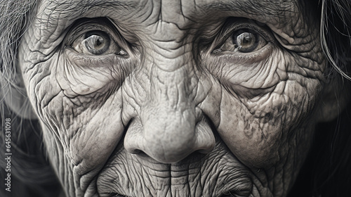 A close-up pencil portrait of an elderly woman, capturing the wisdom and wrinkles etched by time photo