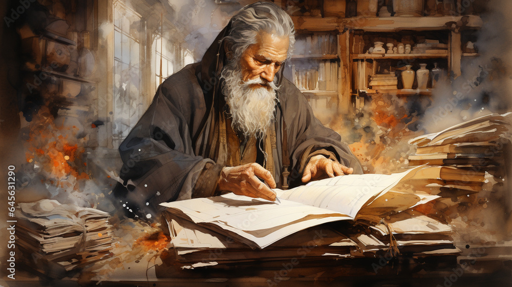 Wisdom Scetch A portrait sketch of a wise scholar lost in ancient texts, surrounded ...