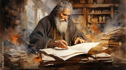 A portrait sketch of a wise scholar lost in ancient texts, surrounded by the wisdom of ages photo