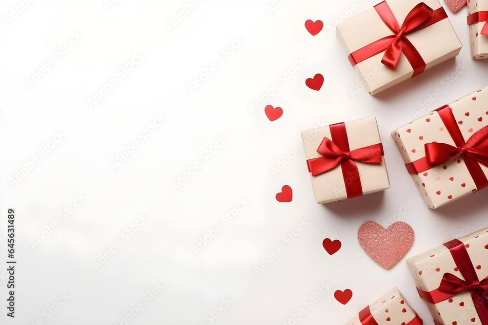 Valentine's Day banner mockup with presents and hearts on white background Valentine's Day banner mockup with presents and hearts on white background