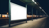 panneau publicitaire vierge lumineux sur un quai de gare, format paysage, dans une ville la nuit