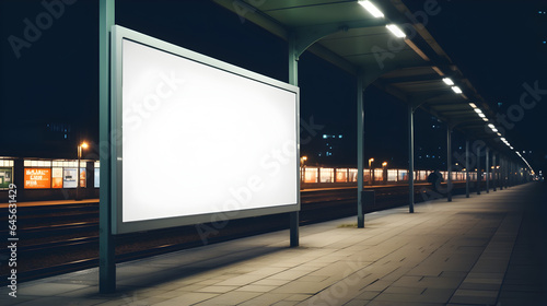 panneau publicitaire vierge lumineux sur un quai de gare, format paysage, dans une ville la nuit