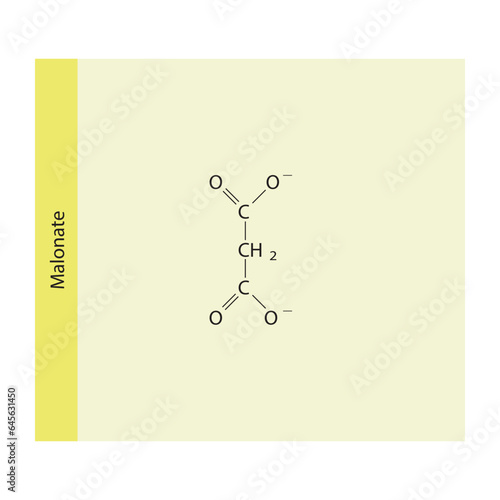 Malonate Dicarboxylic Acid competitive inhibitor of enzymes involved in various metabolic pathways Molecular structure skeletal formula on yellow background.